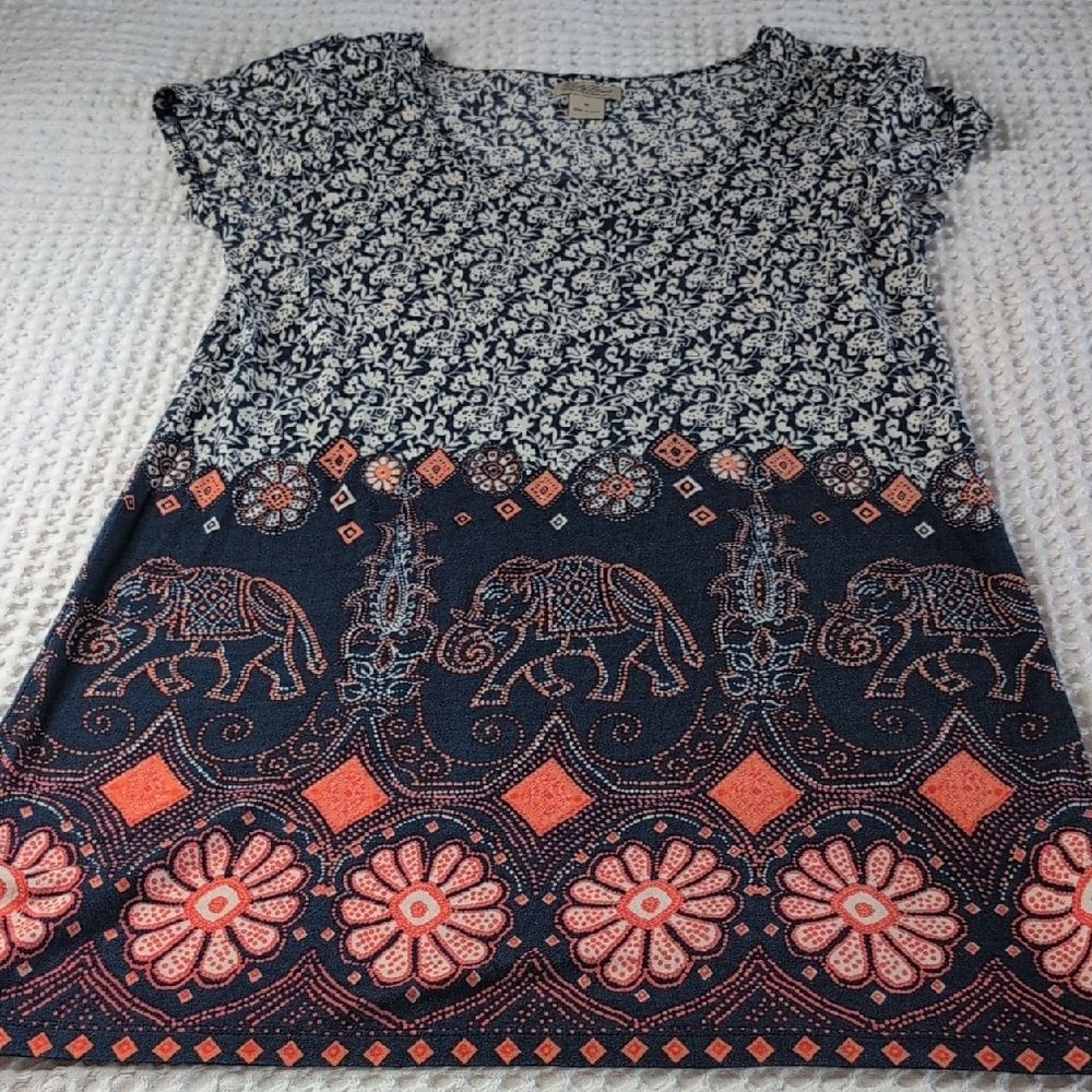 Lucky Brand Navy and Coral Printed Short Sleeve Cotton Tunic Dress Elephants